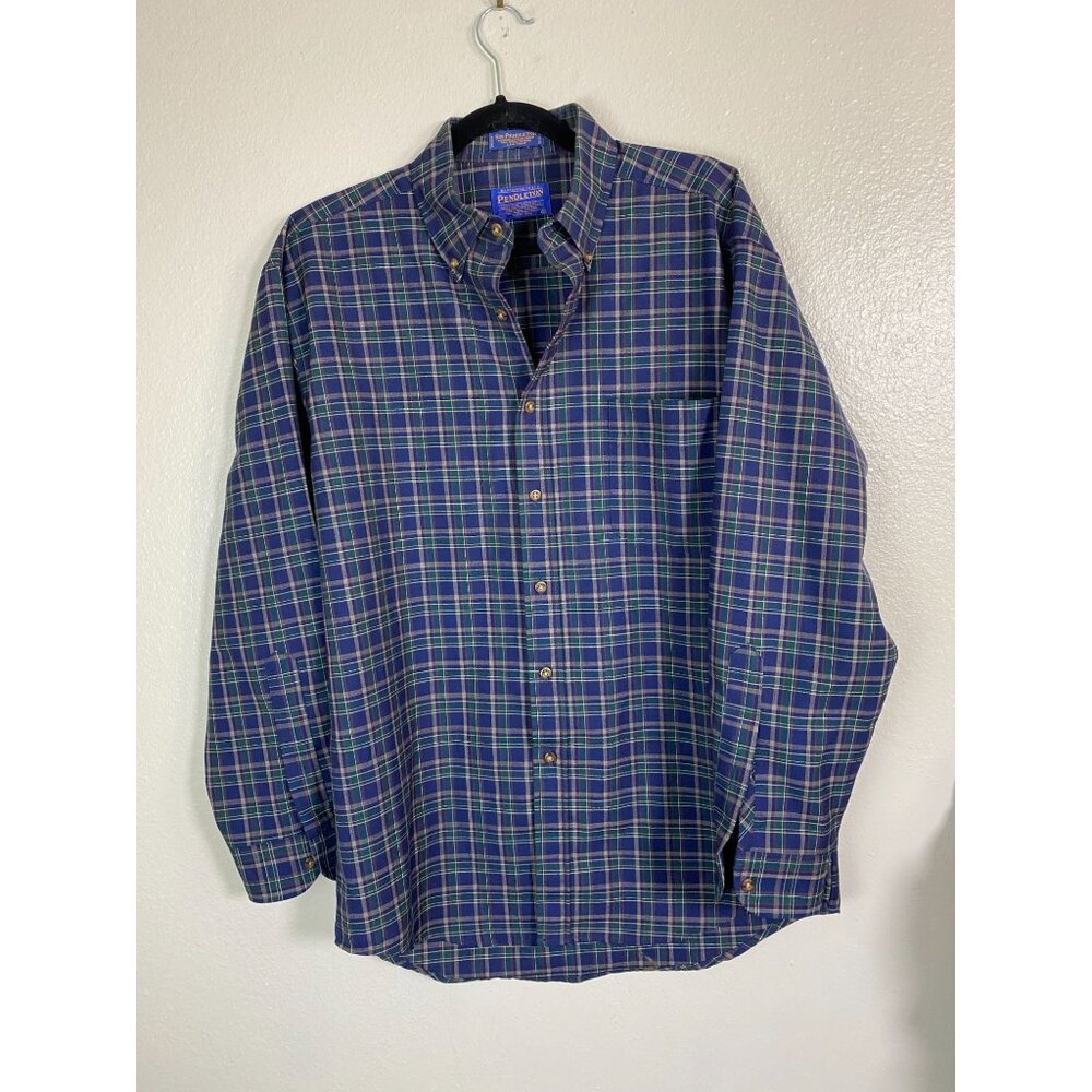 Vtg Pendleton Green Virgin Wool Plaid Button Up Shirt Men Medium Long Sleeve